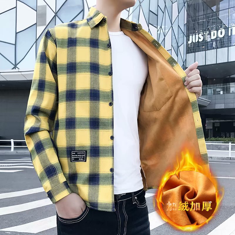 Winter Warm Shirt for Men, Fleece-Lined and Thickened, Youth Plaid Shirt, Korean Style Slim Fit Top, Trendy Brand Versatile Jacket