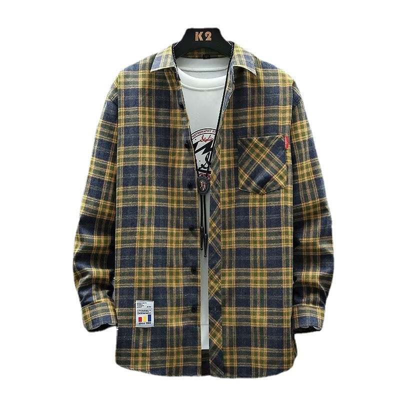 Jacket Shirt Men's Autumn Plaid Loose Trendy Brand Long-sleeved Shirt Casual Non-ironing Autumn and Winter Clothes Men's New Arrival