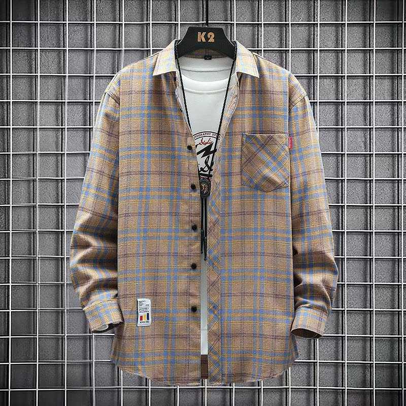 Jacket Shirt Men's Autumn Plaid Loose Trendy Brand Long-sleeved Shirt Casual Non-ironing Autumn and Winter Clothes Men's New Arrival