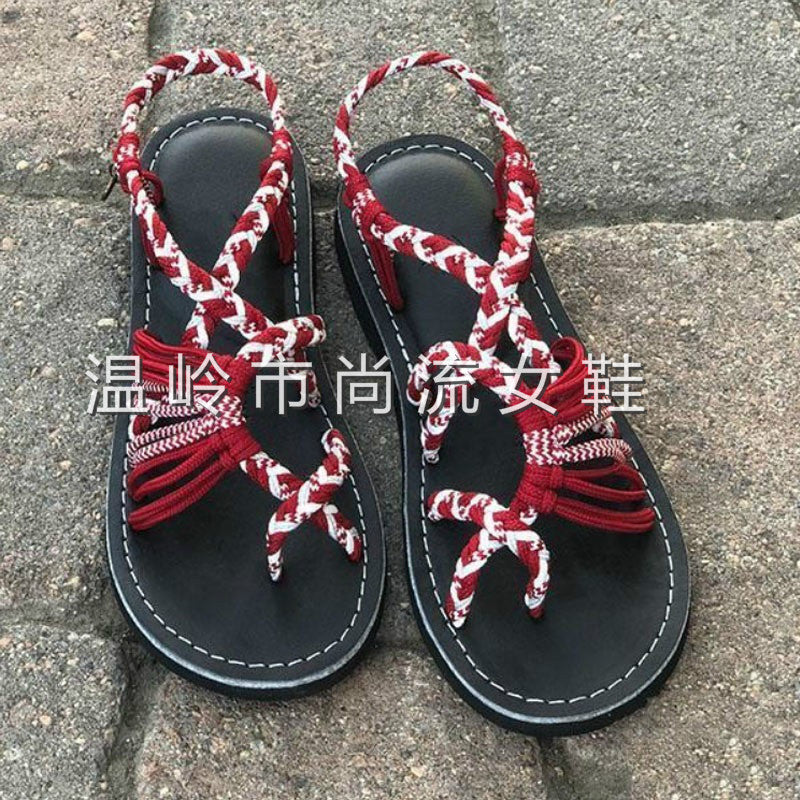 Wish Amazon 2025 Summer European and American Color Block Knot Beach Toe Foreign Trade Large Size Women's Sandals 43 Sizes