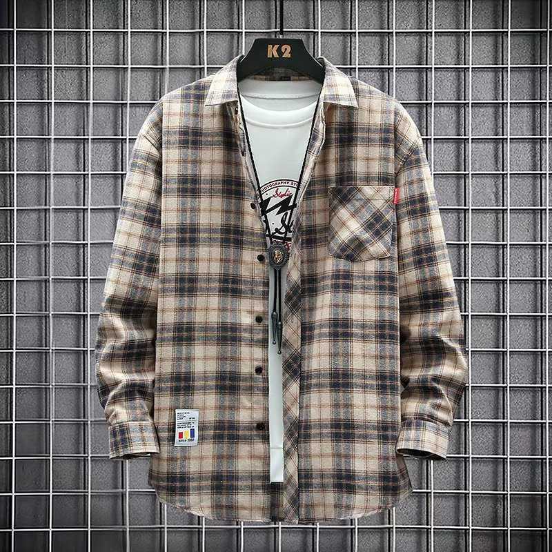 Jacket Shirt Men's Autumn Plaid Loose Trendy Brand Long-sleeved Shirt Casual Non-ironing Autumn and Winter Clothes Men's New Arrival