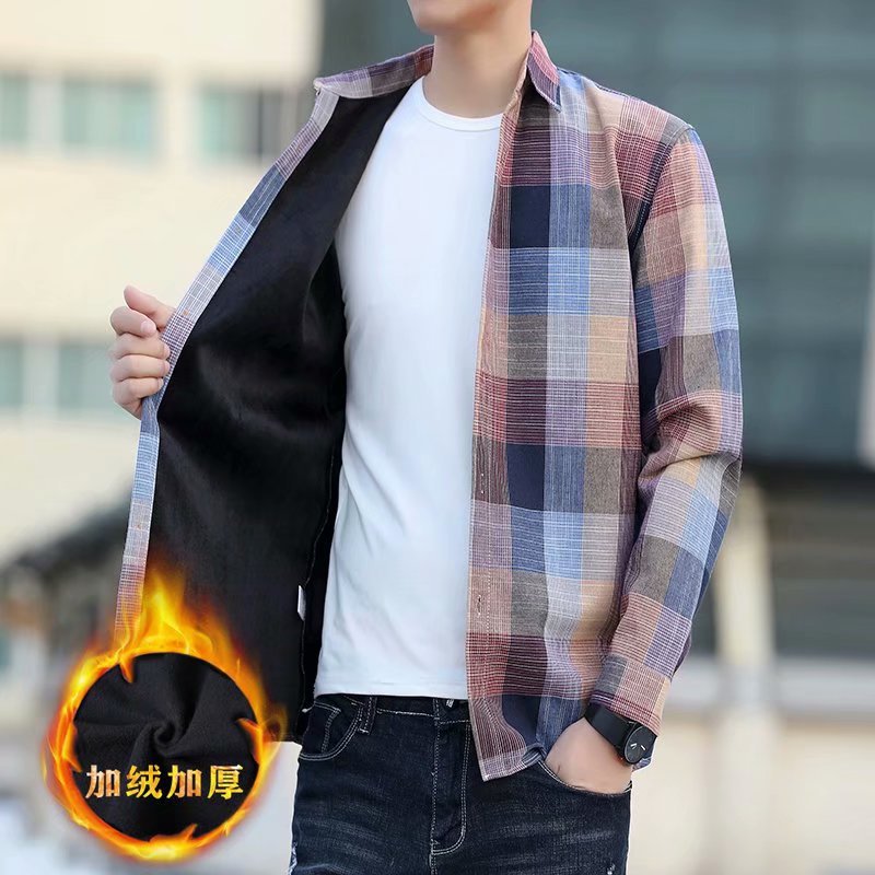 Autumn and Winter Plaid Shirt for Men, Fleece-Lined, Warm and Thickened, Korean-Style Slim-Fit Shirt, Trendy and Stylish Jacket