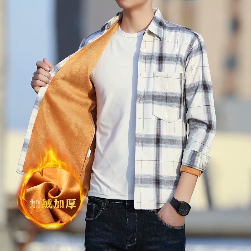 Autumn and Winter Plaid Shirt for Men, Fleece-Lined, Warm and Thickened, Korean-Style Slim-Fit Shirt, Trendy and Stylish Jacket