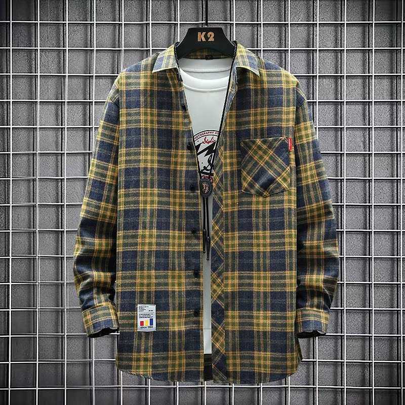 Jacket Shirt Men's Autumn Plaid Loose Trendy Brand Long-sleeved Shirt Casual Non-ironing Autumn and Winter Clothes Men's New Arrival