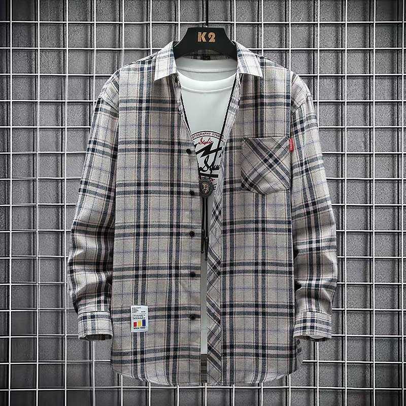Jacket Shirt Men's Autumn Plaid Loose Trendy Brand Long-sleeved Shirt Casual Non-ironing Autumn and Winter Clothes Men's New Arrival