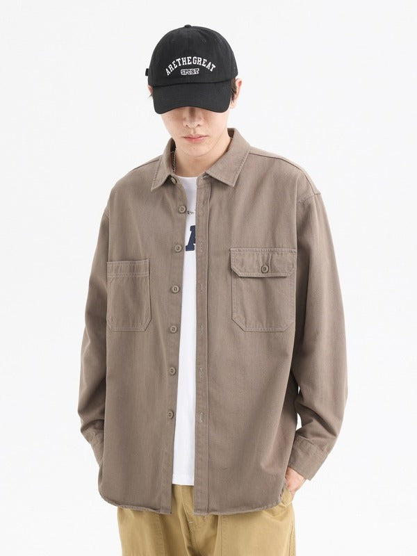 Foreign trade Japanese autumn and winter New pure cotton washed solid color loose casual tooling long sleeve lapel men's shirt jacket