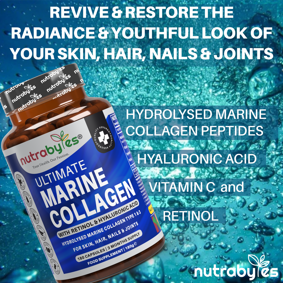 Ultimate Marine Collagen Capsules | High Strength Types I & III with Hyaluronic Acid, Vitamin C & Vitamin A | 180 Capsules, 3 Month Supply | UK Made