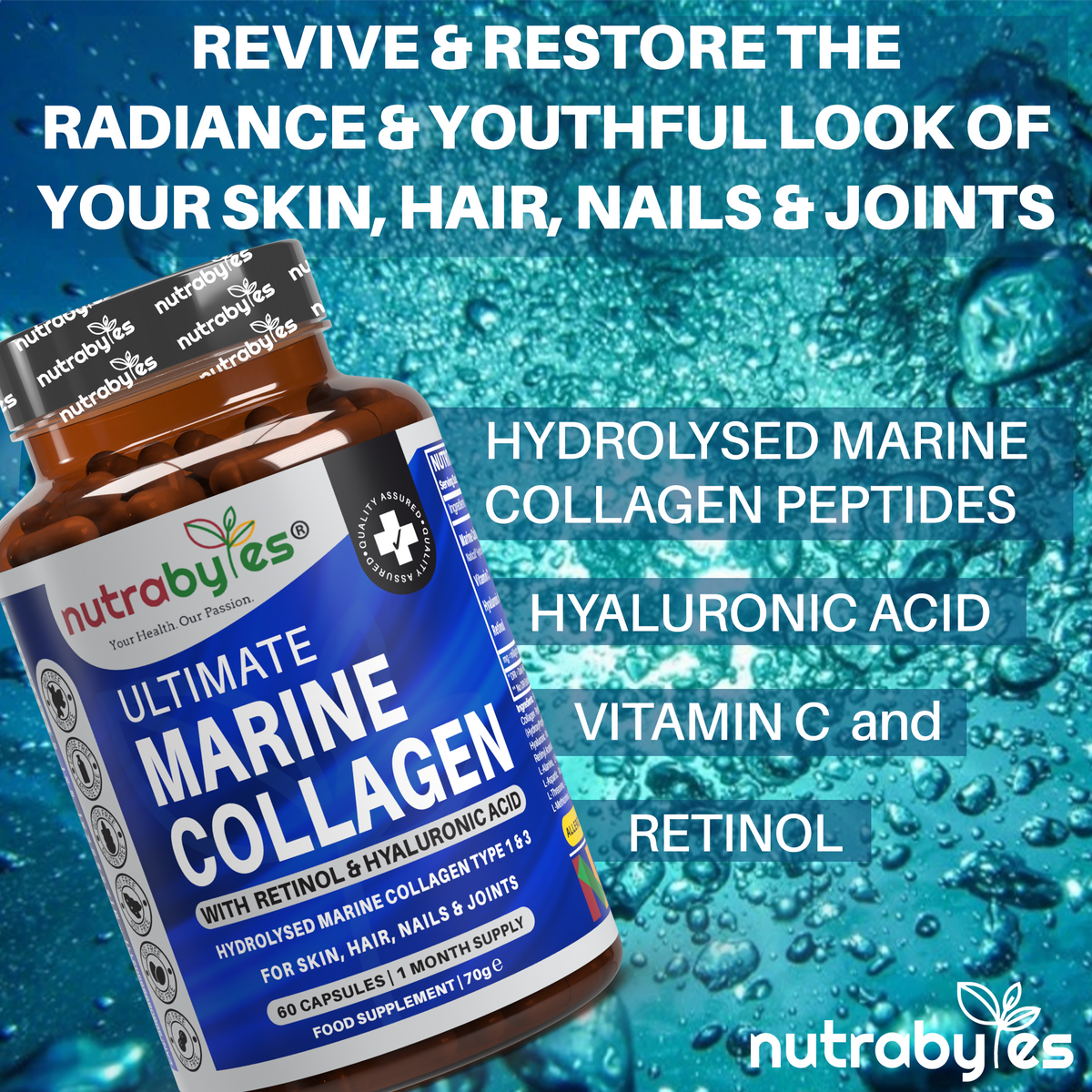 Ultimate Marine Collagen Capsules | High Strength Types I & III with Hyaluronic Acid, Vitamin C & Vitamin A | 60 Capsules, 1 Month Supply | UK Made