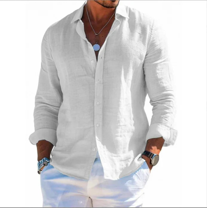 Men's Linen Button Down Shirt Casual Long Sleeve Lapel Solid Loose Shirt Tops New 2026 Spring Summer Men Beach Vacation Shirts