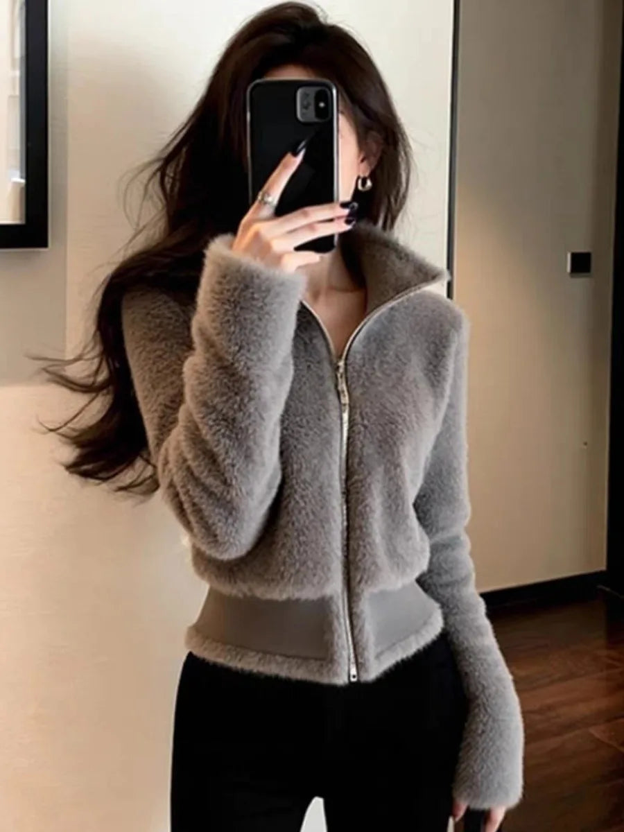 Fashionable Early Winter Jacket Elegant Grey Fur Trim Waist-Cinching Short Coat Velvet Material Long Sleeve Women's Outerwear