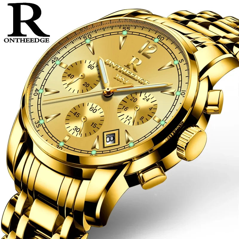 ONTHEEDGE Mens Watches Top Brand Luxury Business Quartz Watch Men All Steel Blue Face Waterproof Chronograph Relogio Masculino