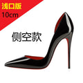 Patent leather 12cm black high heels, ultra-shallow opening, thin heel, sexy pointed toe, large size, single shoes, women's