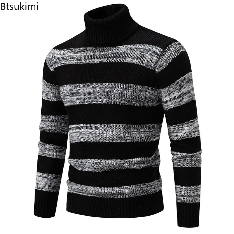 New 2026 Men's Knitwear Tops Autumn Winter Warm Turtleneck Pullovers Fashion Striped Splice Casual Knitted Sweaters Man Clothes