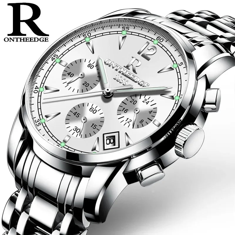 ONTHEEDGE Mens Watches Top Brand Luxury Business Quartz Watch Men All Steel Blue Face Waterproof Chronograph Relogio Masculino