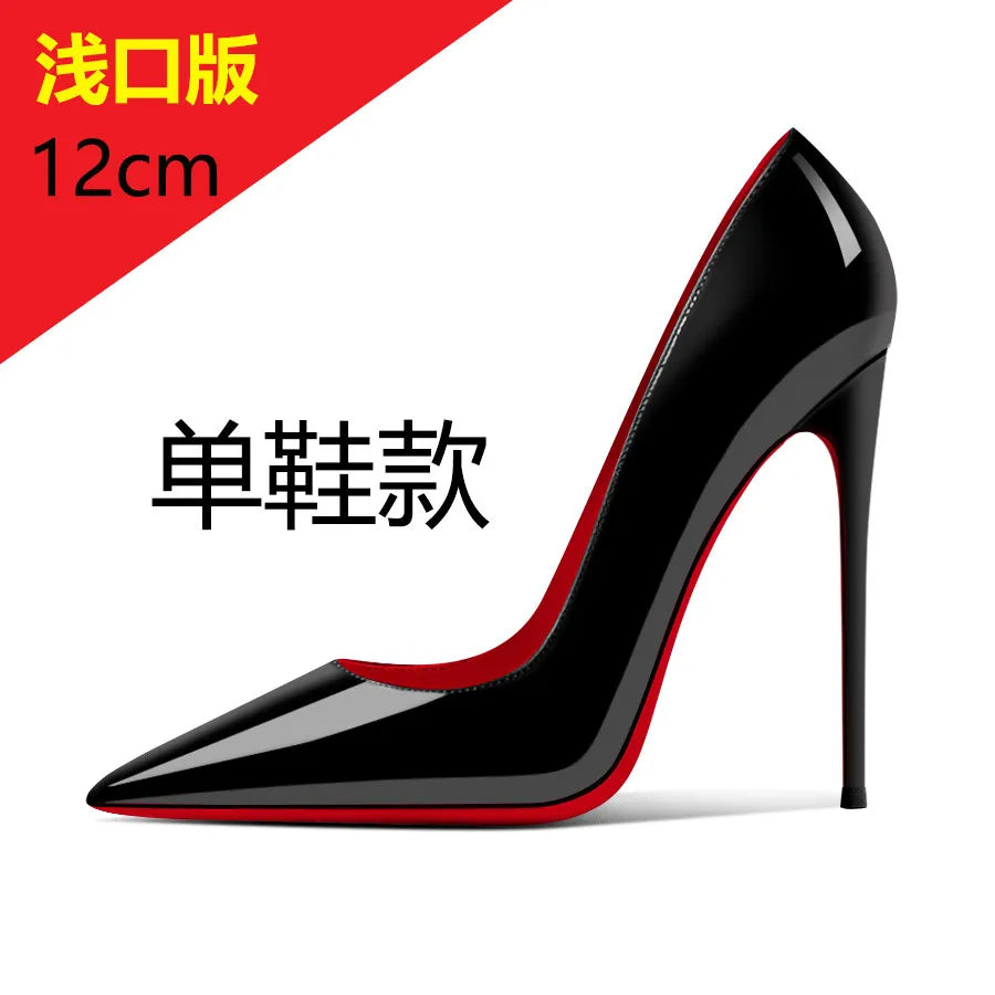 Patent leather 12cm black high heels, ultra-shallow opening, thin heel, sexy pointed toe, large size, single shoes, women's