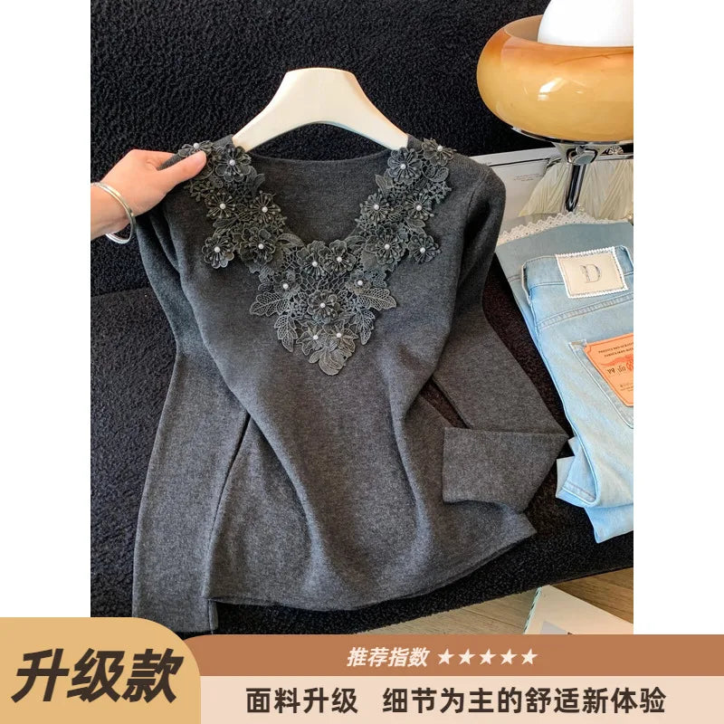 Heavy Embroidery Lace Beaded Knitwear V-Neck Long Sleeve Women's Fashion Slim Fit Base Shirt Autumn Season Polyester Fiber
