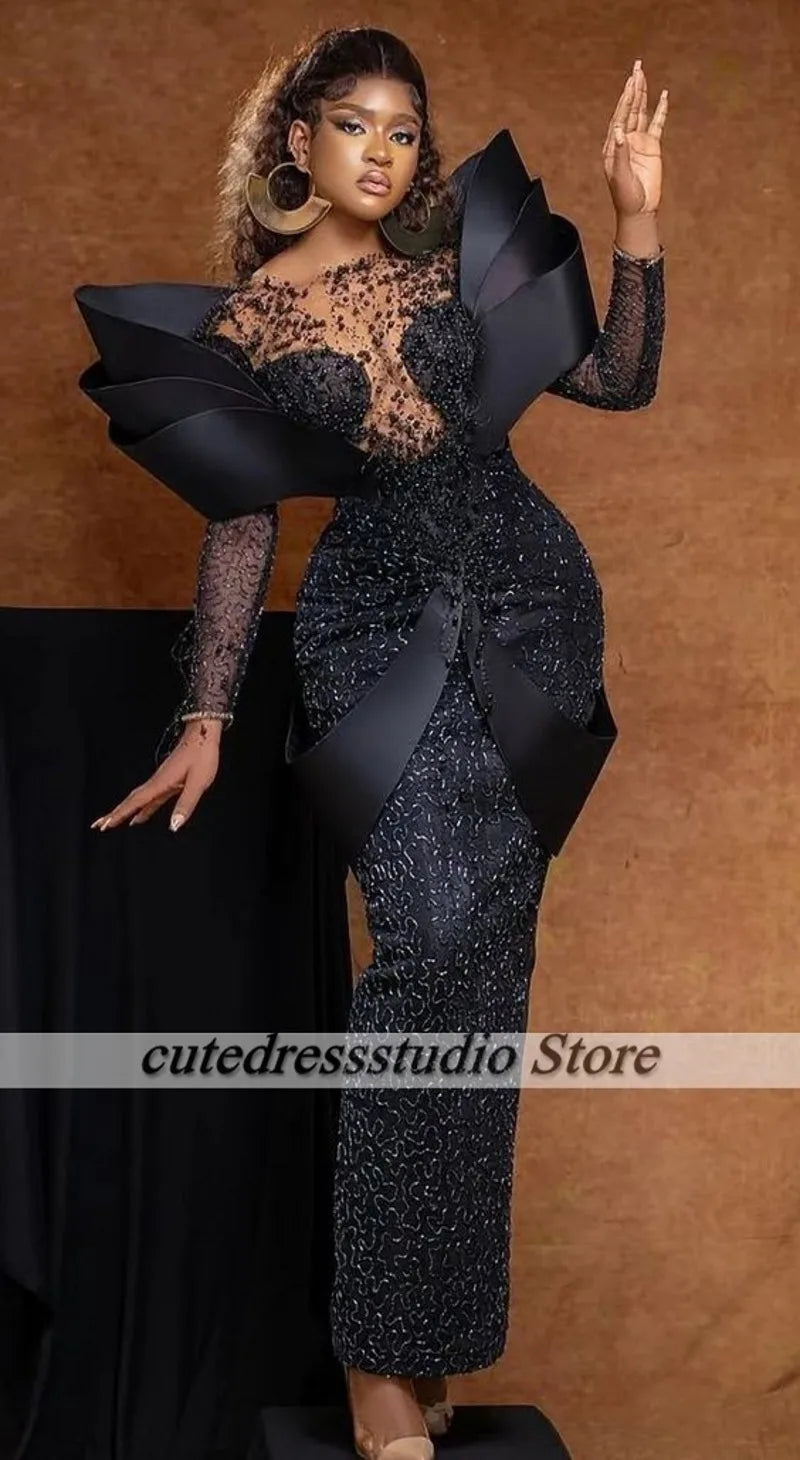Nigerian Women Black Evening Dresses Beading Mermiad Wedding Party Gowns