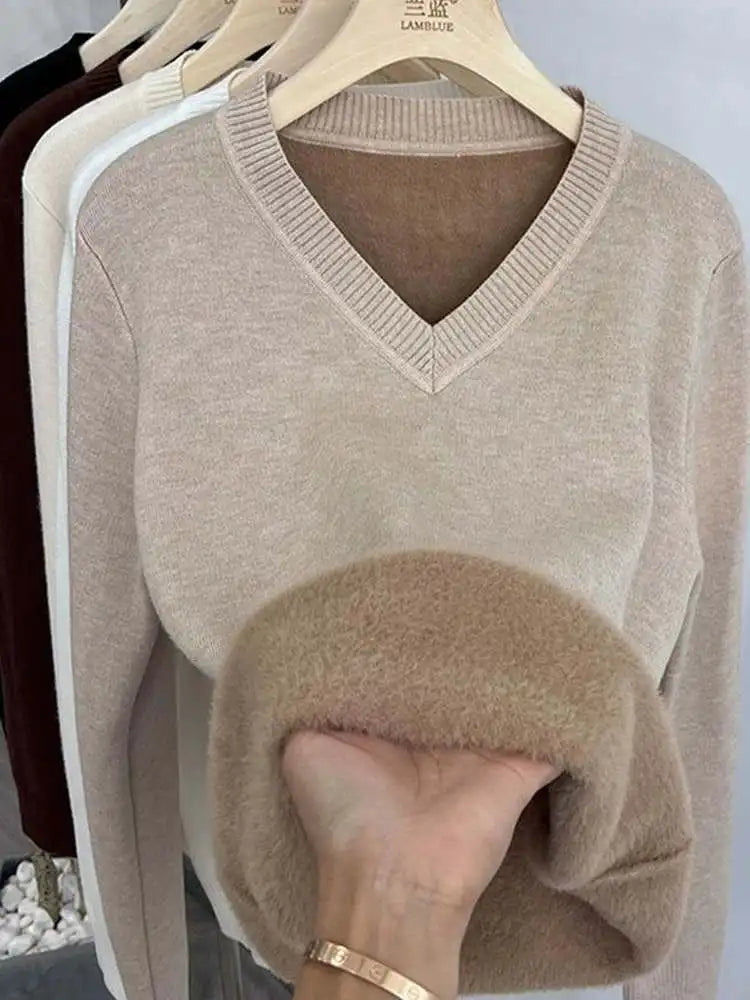 Thickened Fleece V-Neck Long Sleeve Women's Knitwear Autumn Winter Warm Soft Mink Velvet Slim Fit Crew Neck Pullover Top