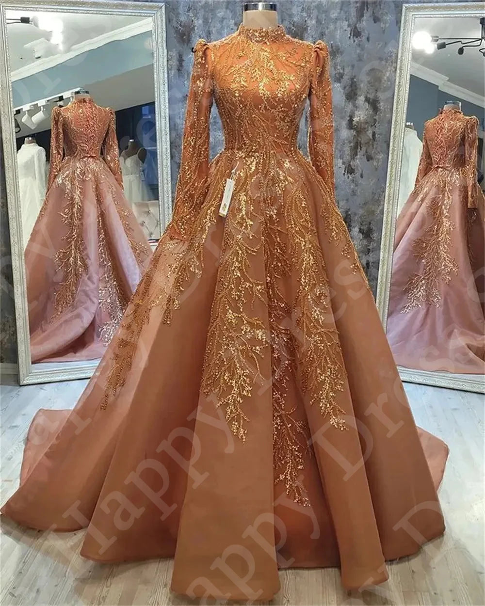 Muslim Arabic Evening Dress Appliques 3D High Neck Full Sleeve Formal