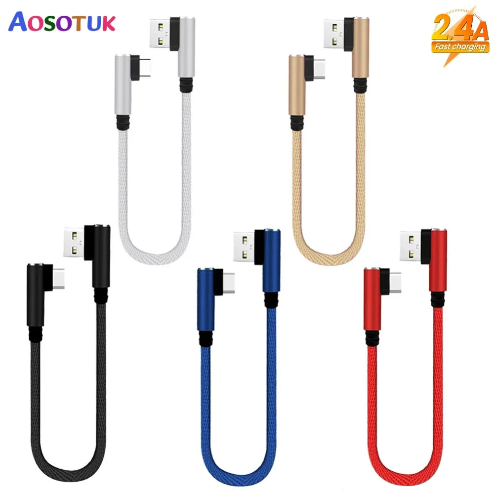25cm Short Fast Charging Cable Double Elbow 90 Degree USB C Micro USB