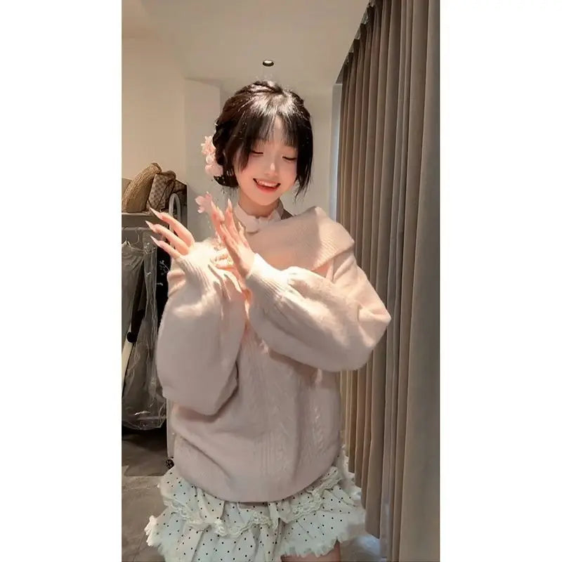 Sweet Daily Streetwear Japanese Women Slim Fit Off Shoulder Knit Jumper