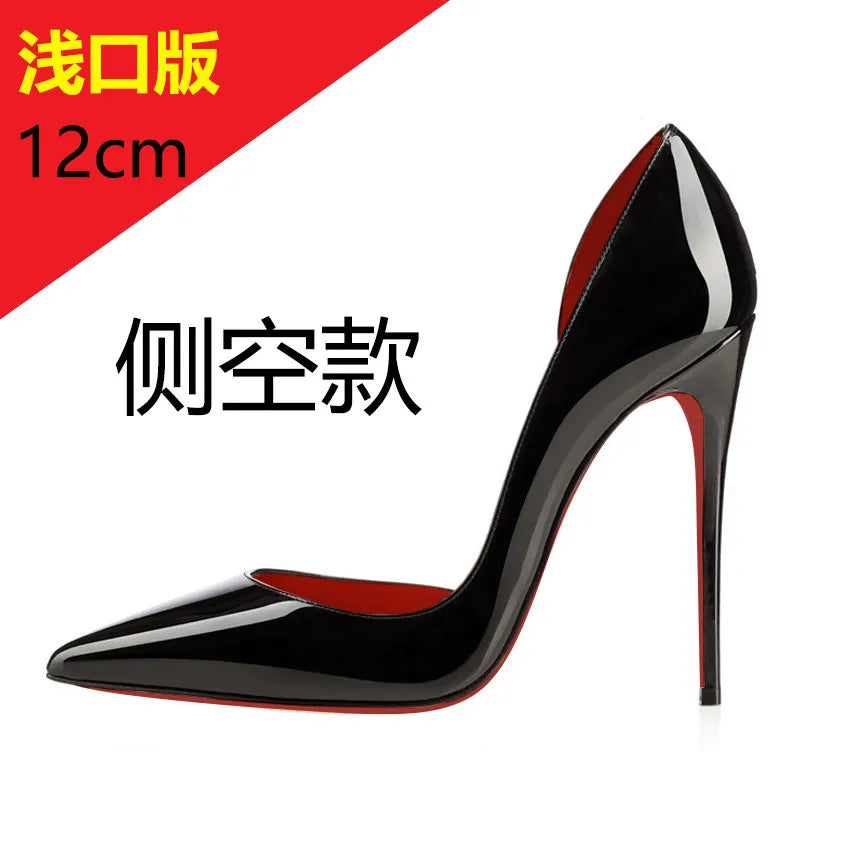 Patent leather 12cm black high heels, ultra-shallow opening, thin heel, sexy pointed toe, large size, single shoes, women's