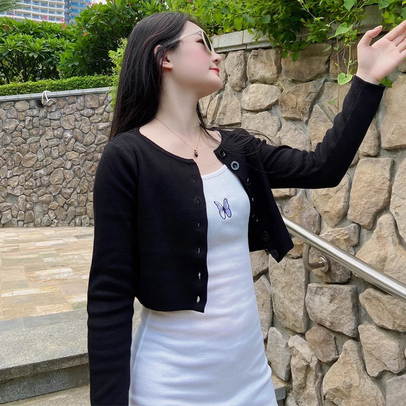 Knitted Ladies Sweaters Outerwear Black Blouses Clothing Crochet Top Jersey Cropped Tricot Korean Fashion Style Cardigan Female