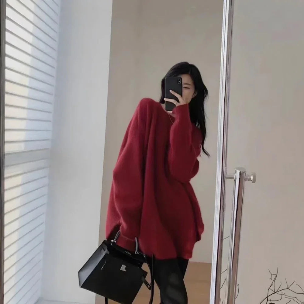 Knitted Top for Women Round O Neck Black Ladies Sweaters Red Long Pullovers Pink Streetwear Winter Thermal Blouse Warm Modern