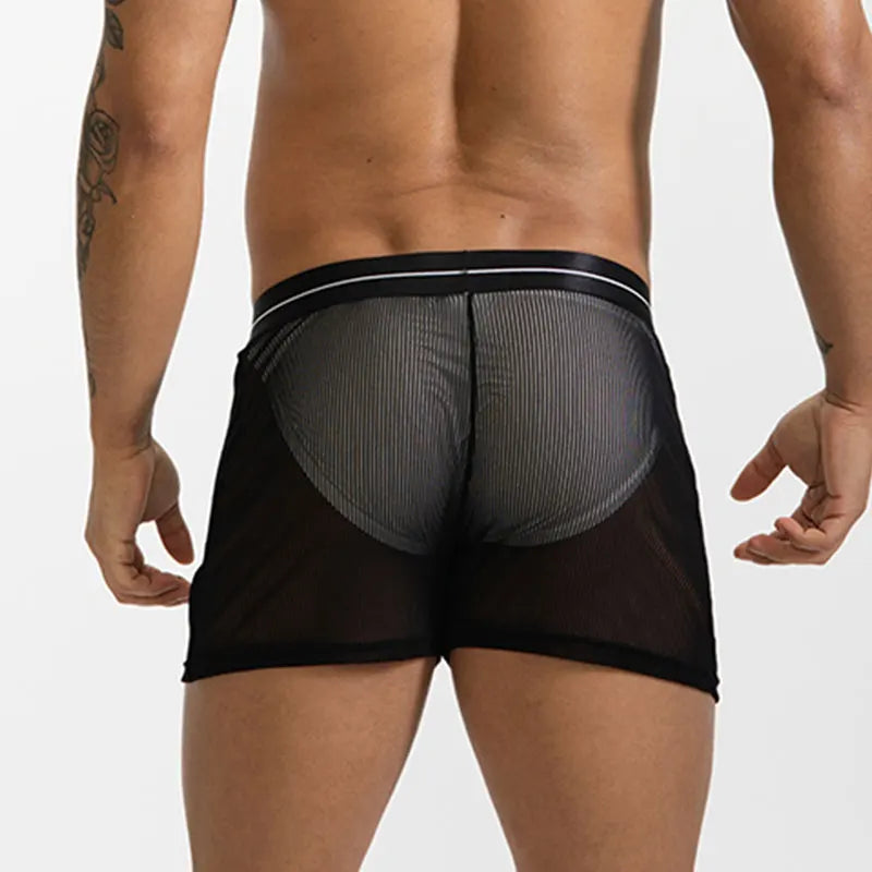 Mens Sexy Mesh Transparent Underwear Mid Waist Ultra-thin Boxer Shorts Breathable Panties Homewear Arrow Pants Solid Underpants