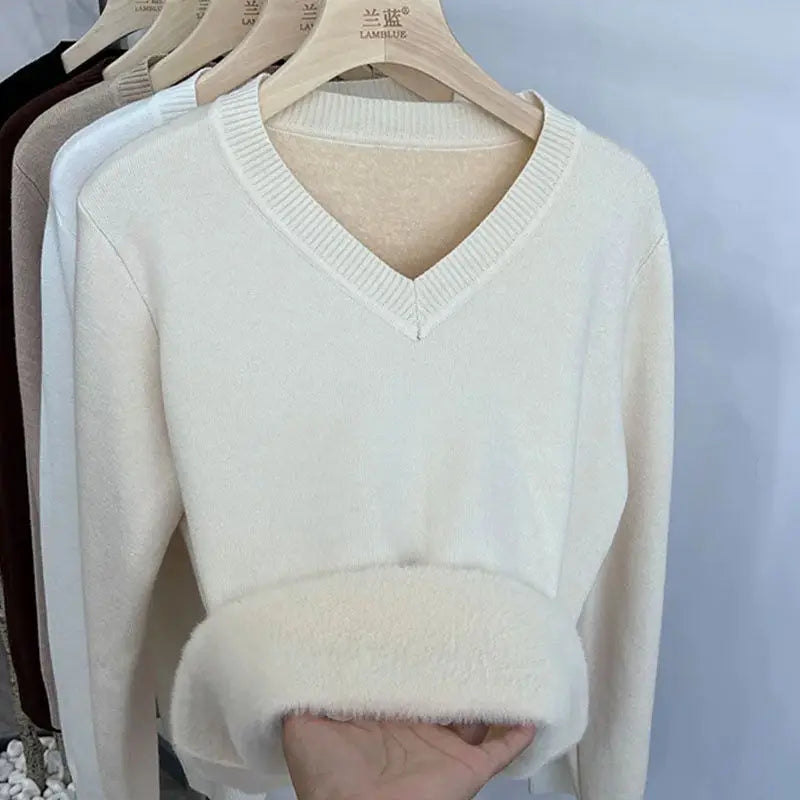 Thickened Fleece V-Neck Long Sleeve Women's Knitwear Autumn Winter Warm Soft Mink Velvet Slim Fit Crew Neck Pullover Top