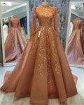 Muslim Arabic Evening Dress Appliques 3D High Neck Full Sleeve Formal