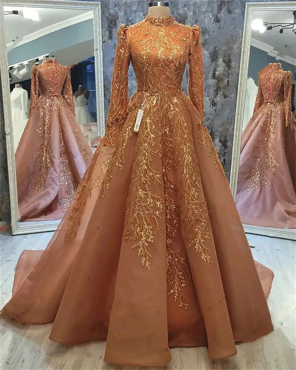 Muslim Arabic Evening Dress Appliques 3D High Neck Full Sleeve Formal