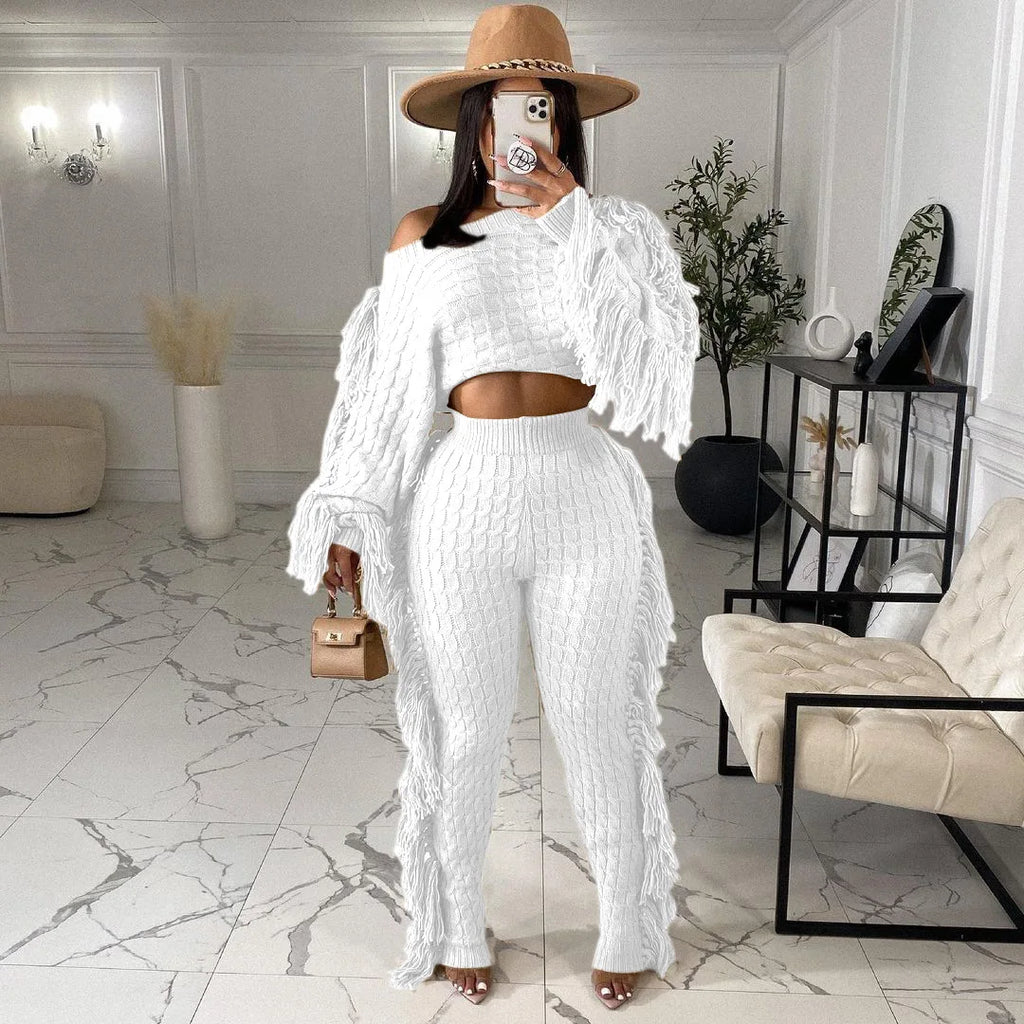 Women Sweater Knitted Pants Suit Knitting 2 Piece Set Pullover Top Trousers Ensemble Tassels Knitwear Outfits 2025 Autumn Winter