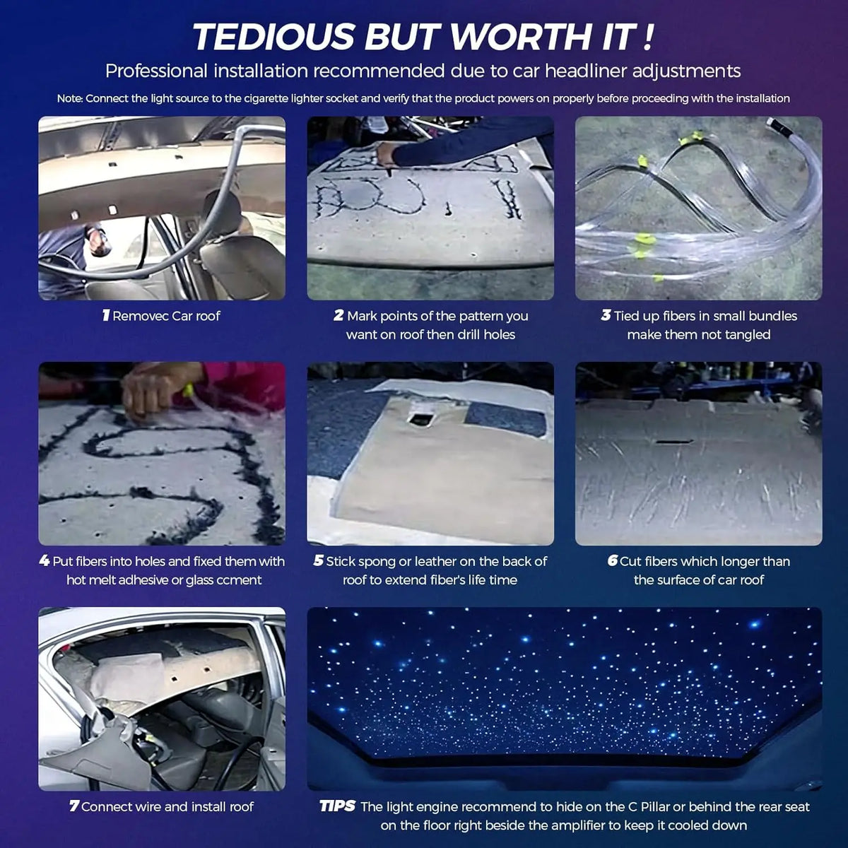 VASTFIRE Mini 16W 500/1000pcs Fiber Optic Starlight Headliner Kit for Car Home 6.5ft End Glow Fiber Strands Sound-Activated APP& Remote Control Starlight Engine
