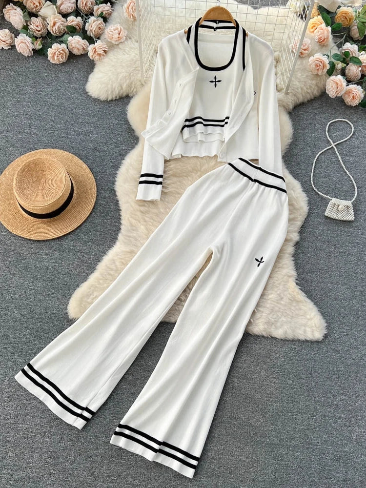 Streetwear Knitted 3 Piece Set Women Long Sleeve Cardigan Coat + Camisole + Pant Sets Spring Fashion Casual Three Piece Suits