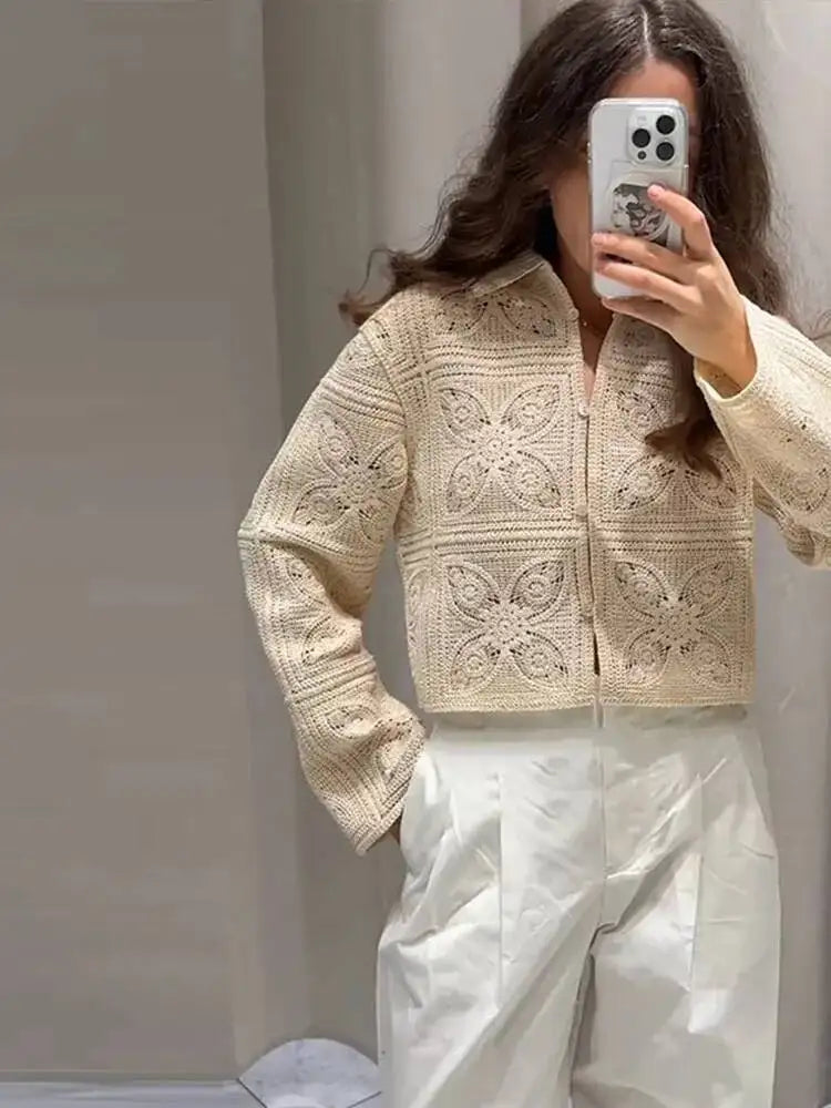 Knit Hollow Out 2 Piece Sets Woman Outfit Elegant Crochet Single-breasted Lapel Top High Waist Shorts Lady Suit Commuting J5VX