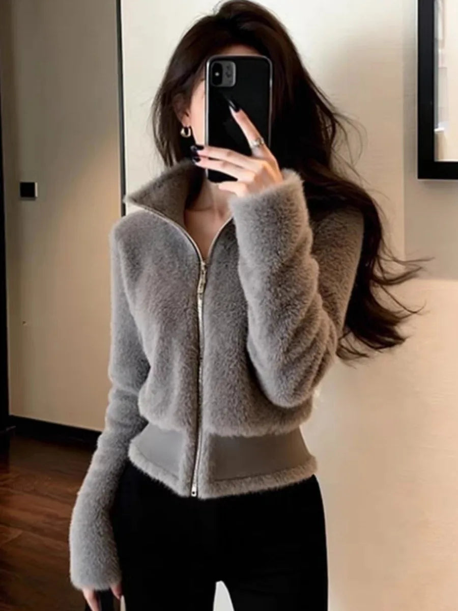 Fashionable Early Winter Jacket Elegant Grey Fur Trim Waist-Cinching Short Coat Velvet Material Long Sleeve Women's Outerwear