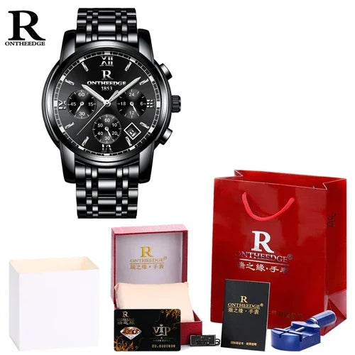 ONTHEEDGE Mens Watches Top Brand Luxury Business Quartz Watch Men All Steel Blue Face Waterproof Chronograph Relogio Masculino