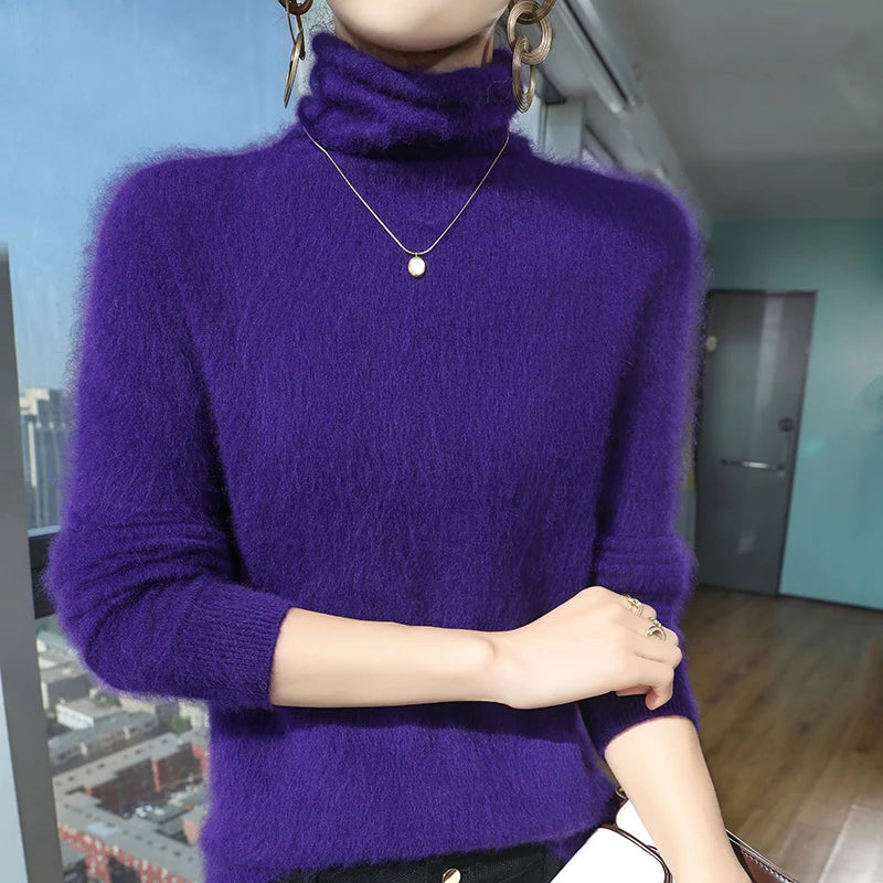 100% Pure Mink Cashmere Knitted Pullovers Women High-Neck Loose Large-size Sweater Casual Warm Tops Autumn and Winter Base Shirt