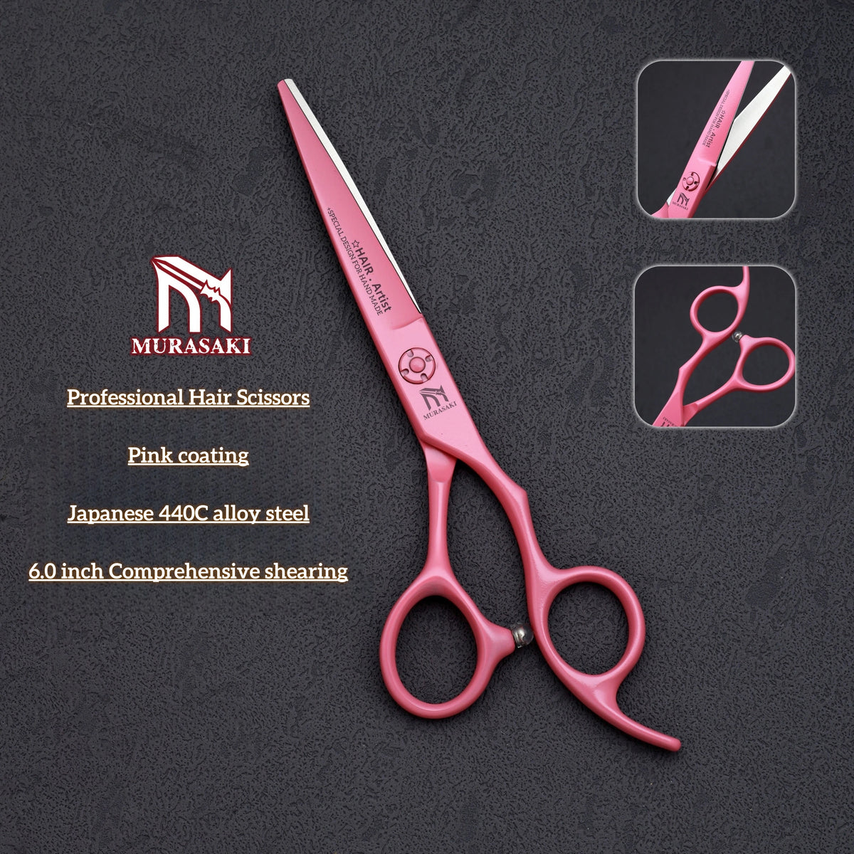 MURASAKI Professional Barber Scissors，6.0 Inch Japanese 440C Steel Hairdressing Scissors，Salon High-Quality Hair Cutting Tools