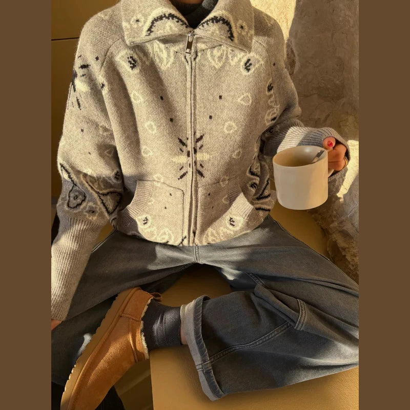 Casual Printed Knitted Women's Cardigan Long Sleeve Zippers Stand Collar Pocket Lady Sweater 2026 Autumn Chic Female Streetwear