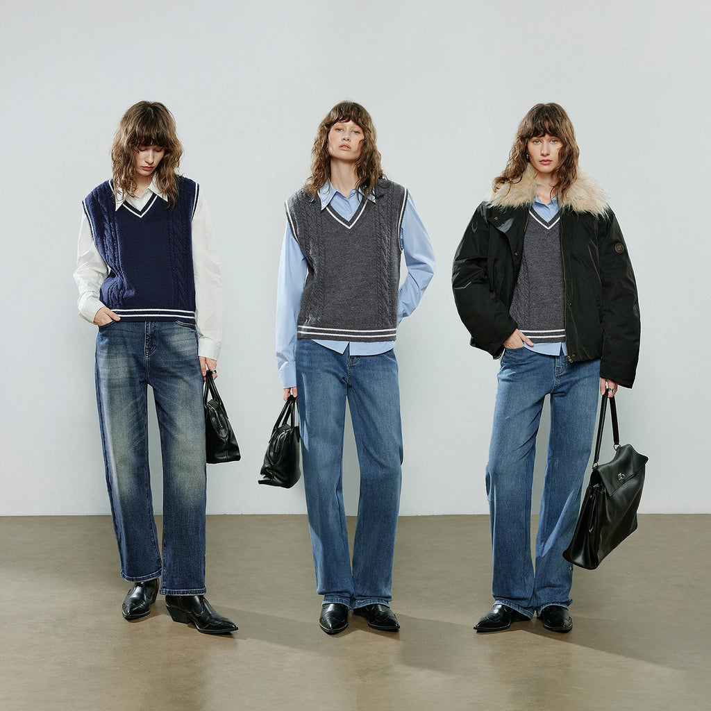 TOYOUTH Women Knitwear 2025 Winter New V-Neck Color-Block Weave Retro Cable Knit Vest Tops