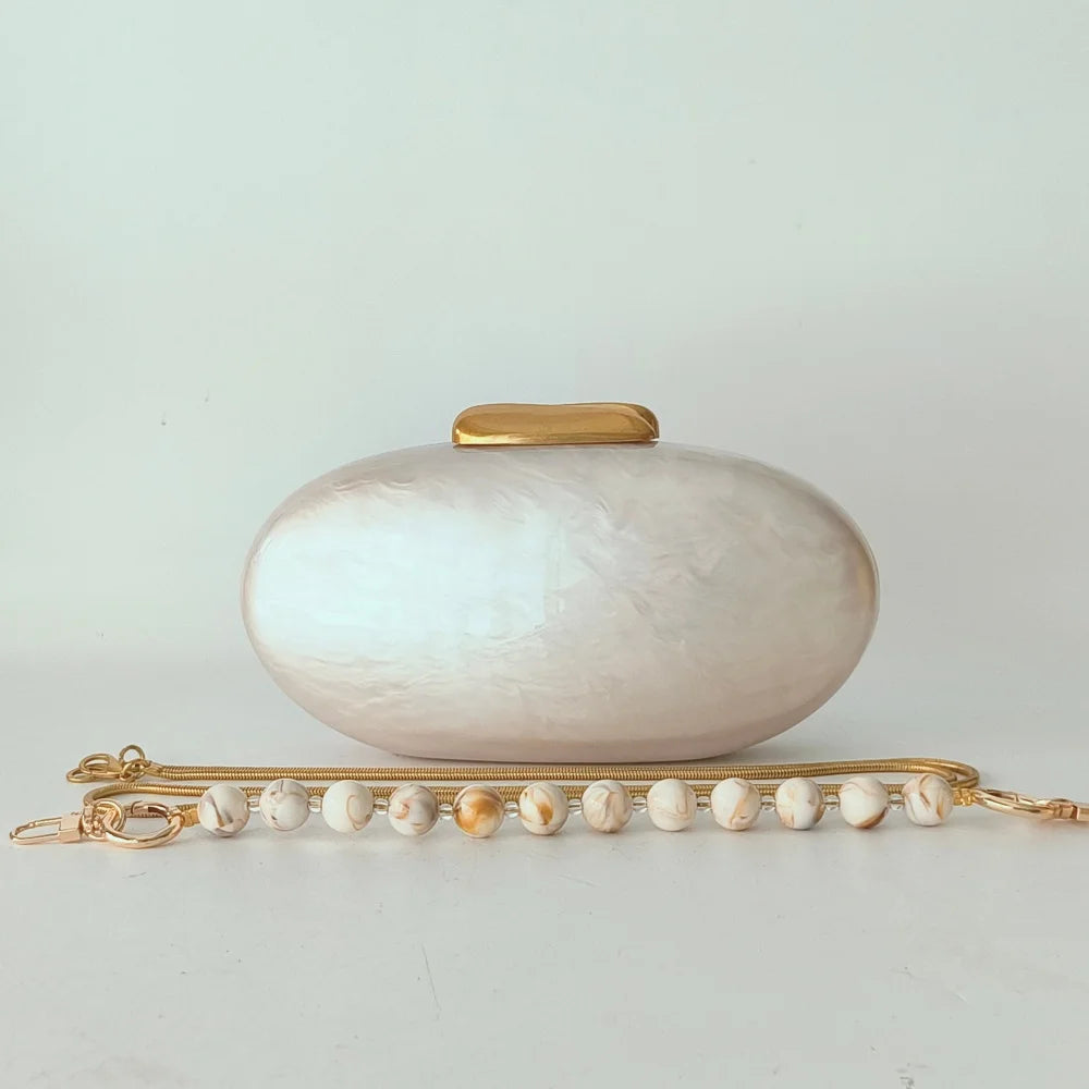 Lady Pearl Marble Brown Shell Egg Acrylic Box Clutch Purse Women Evening Purses Wedding Handbags Female Shoulder Bags Day Clutch