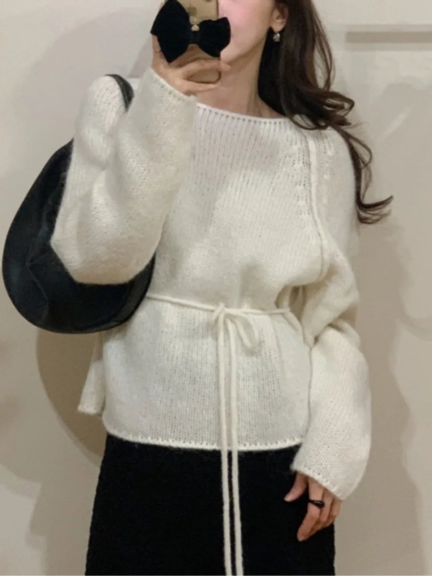 Slimming Knitted Sweater Women's Fashion Sweet Style Belted Waist One-Shoulder Winter New Soft Versatile Top Casual Streetwear