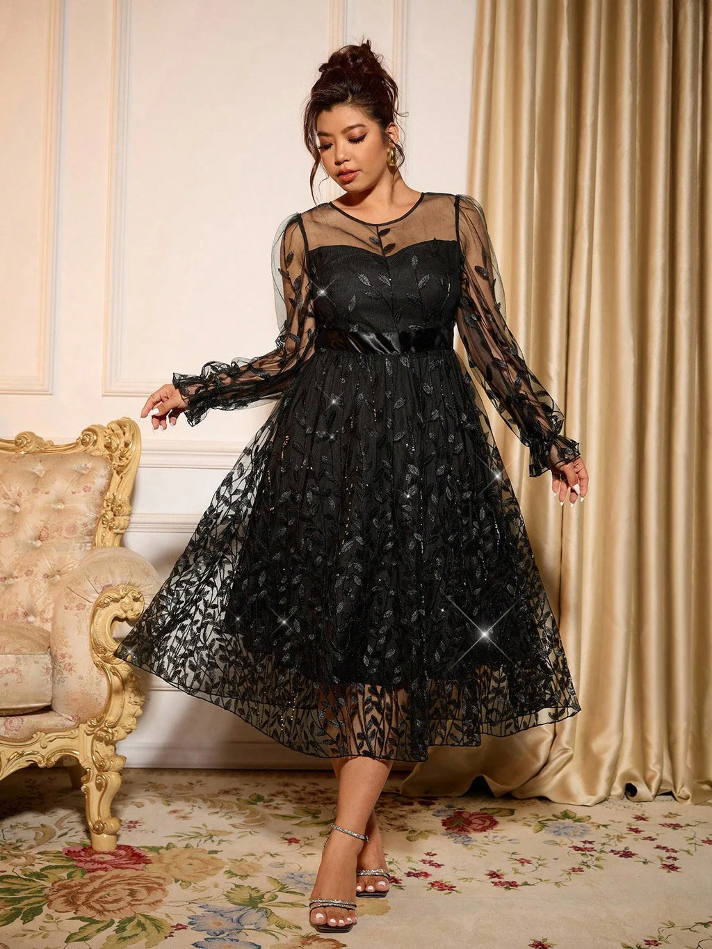 Sophisticated Dinner Dress With Sheer Sleeves And Sparkling Details For