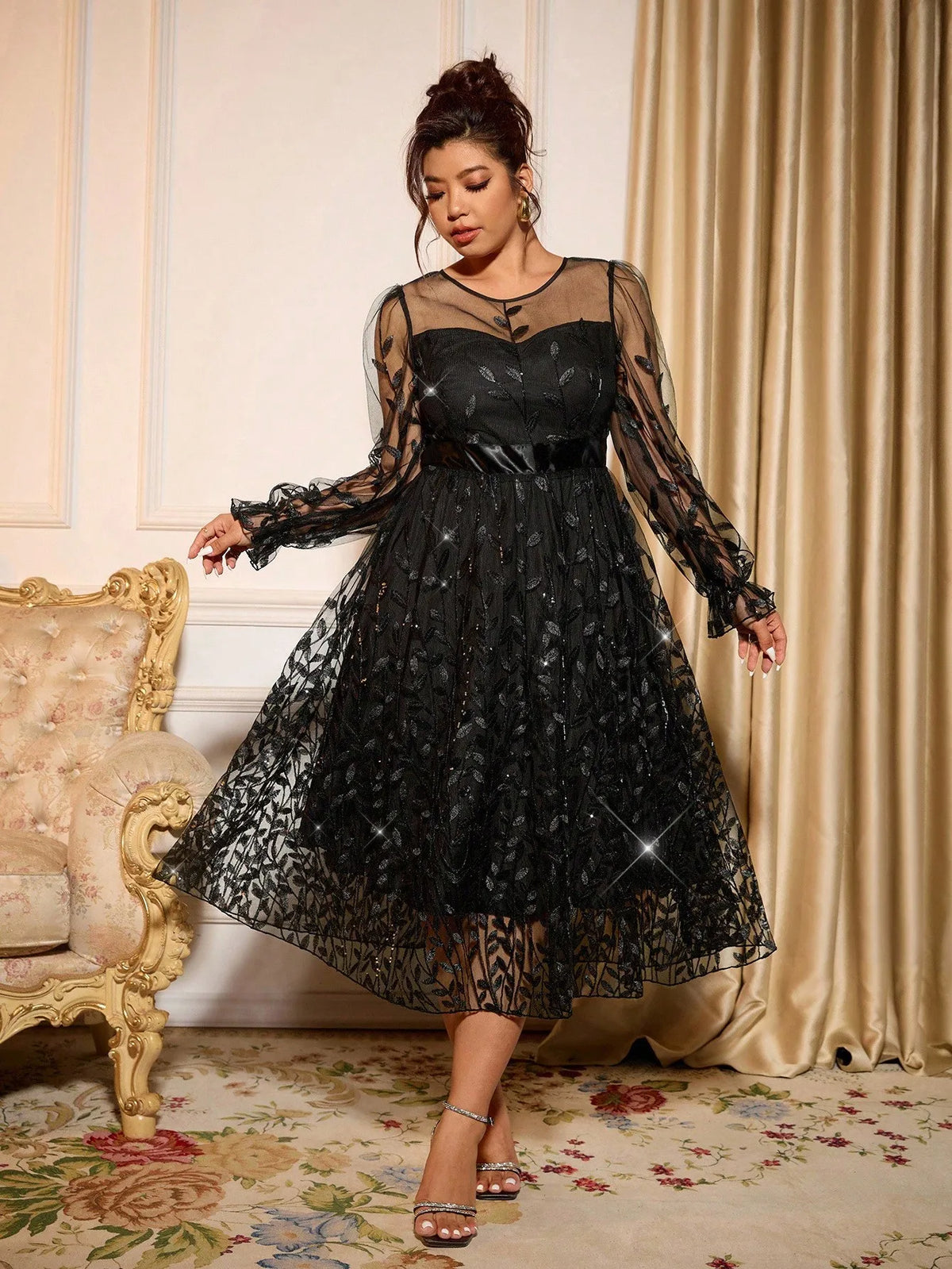 Sophisticated Dinner Dress With Sheer Sleeves And Sparkling Details For