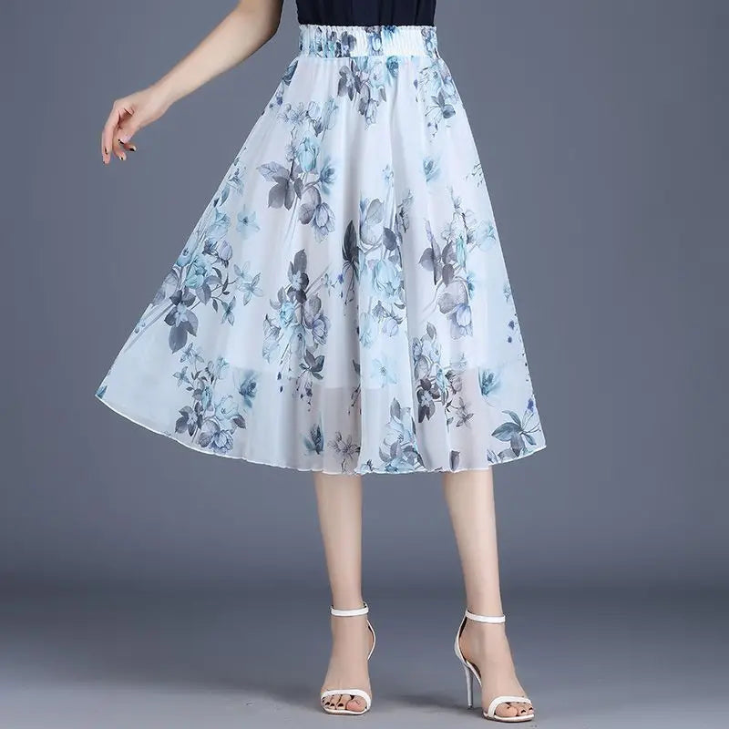 Female Skirts Floral To Knees Length Women'S Skirt Chiffon Vintage Cheap