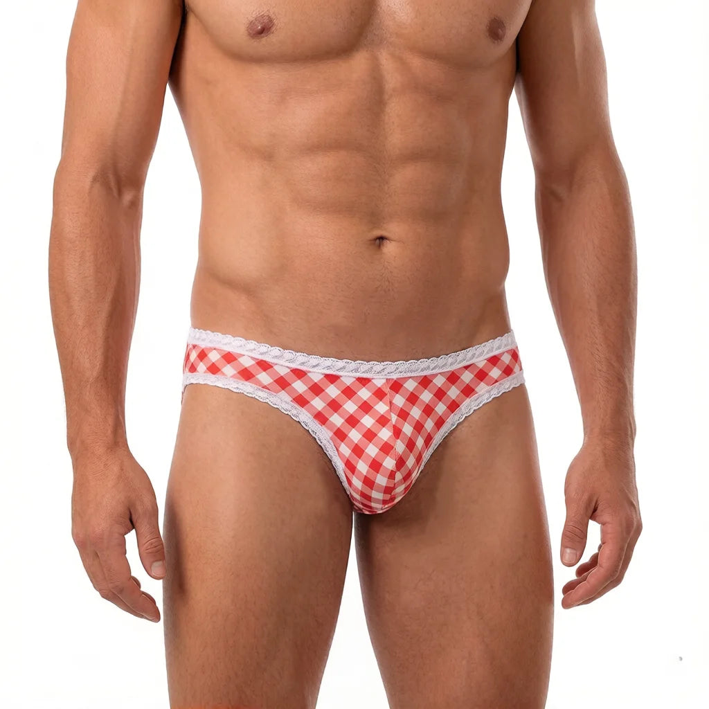 Plaid Lace-Trim Low-Rise Briefs