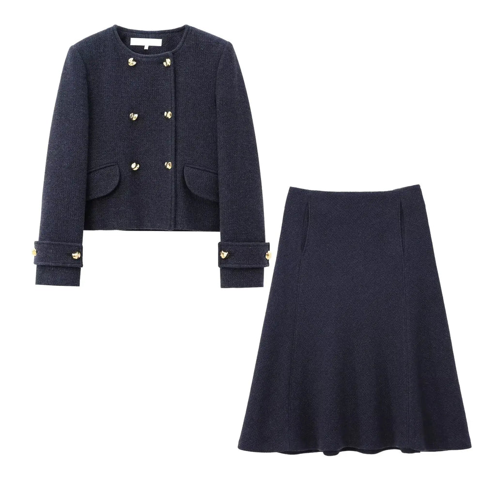 HH Woman Winter Fashion Blended Fabrics Round Neck Double Breasted Long Sleeves Coat+ Cape Skirt Female Casual Two Piece Set