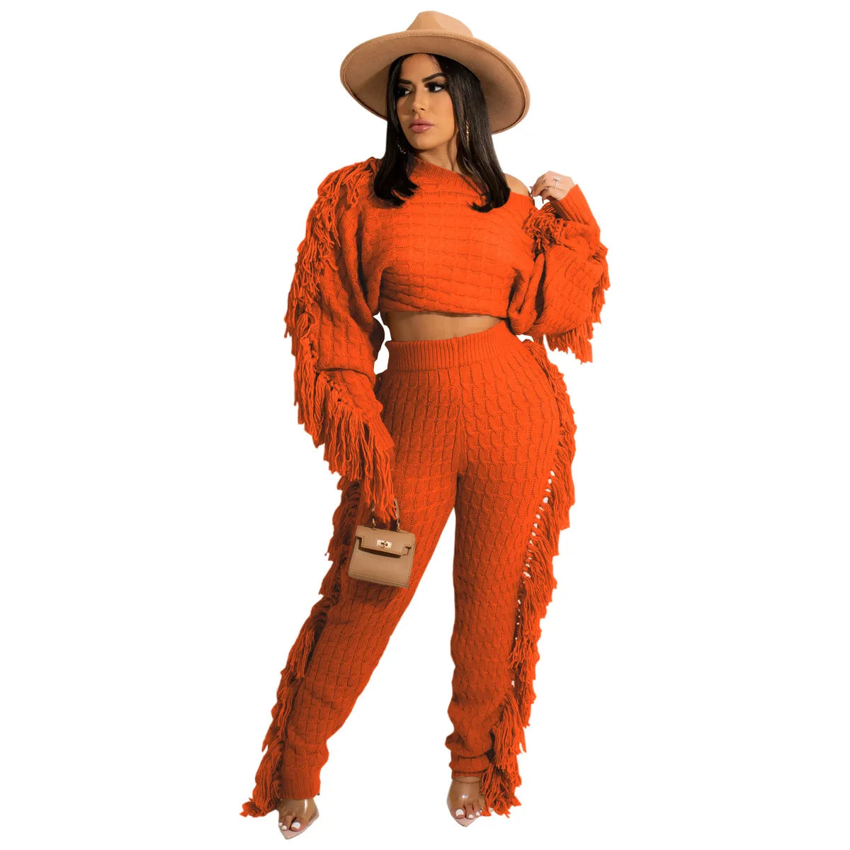Women Sweater Knitted Pants Suit Knitting 2 Piece Set Pullover Top Trousers Ensemble Tassels Knitwear Outfits 2025 Autumn Winter